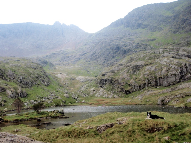 The tiny lake of Llyn Glas with the Pinnacles of Crib Goch behind