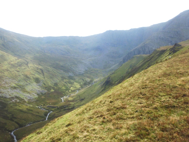 Looking down the steep slopes to the river below (Afon Llafar) ….